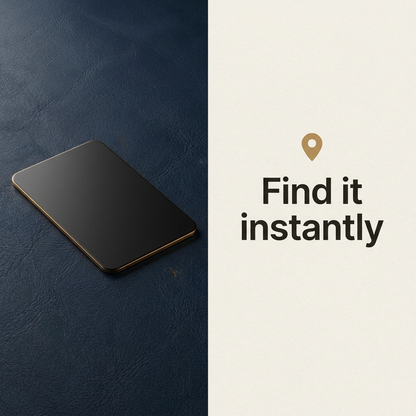 A black rectangular smartphone with gold-toned edges rests on a dark navy textured surface, next to a cream-colored panel with a gold location pin icon and the text 'Find it instantly'.