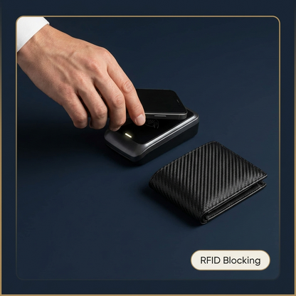 A black rectangular RFID blocking device with a transparent top surface is shown on a dark blue surface. A hand is placing a smartphone on top of the device, and a black carbon-fiber-textured wallet lies nearby.