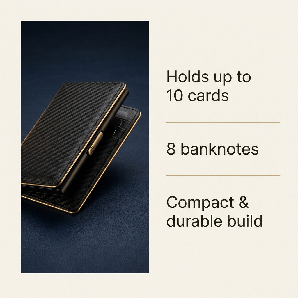 A black carbon-fiber-textured wallet case with gold trim is shown on a dark blue background, next to text stating it holds up to 10 cards, 8 banknotes, and has a compact durable build.