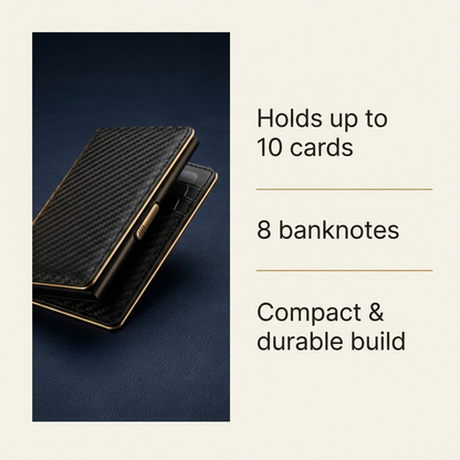 A black carbon-fiber-textured wallet case with gold trim is shown on a dark blue background, next to text stating it holds up to 10 cards, 8 banknotes, and has a compact durable build.