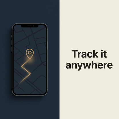 A smartphone shown on a split dark navy and off-white background, with a map and location pin icon on the screen and the text 'Track it anywhere' beside it.