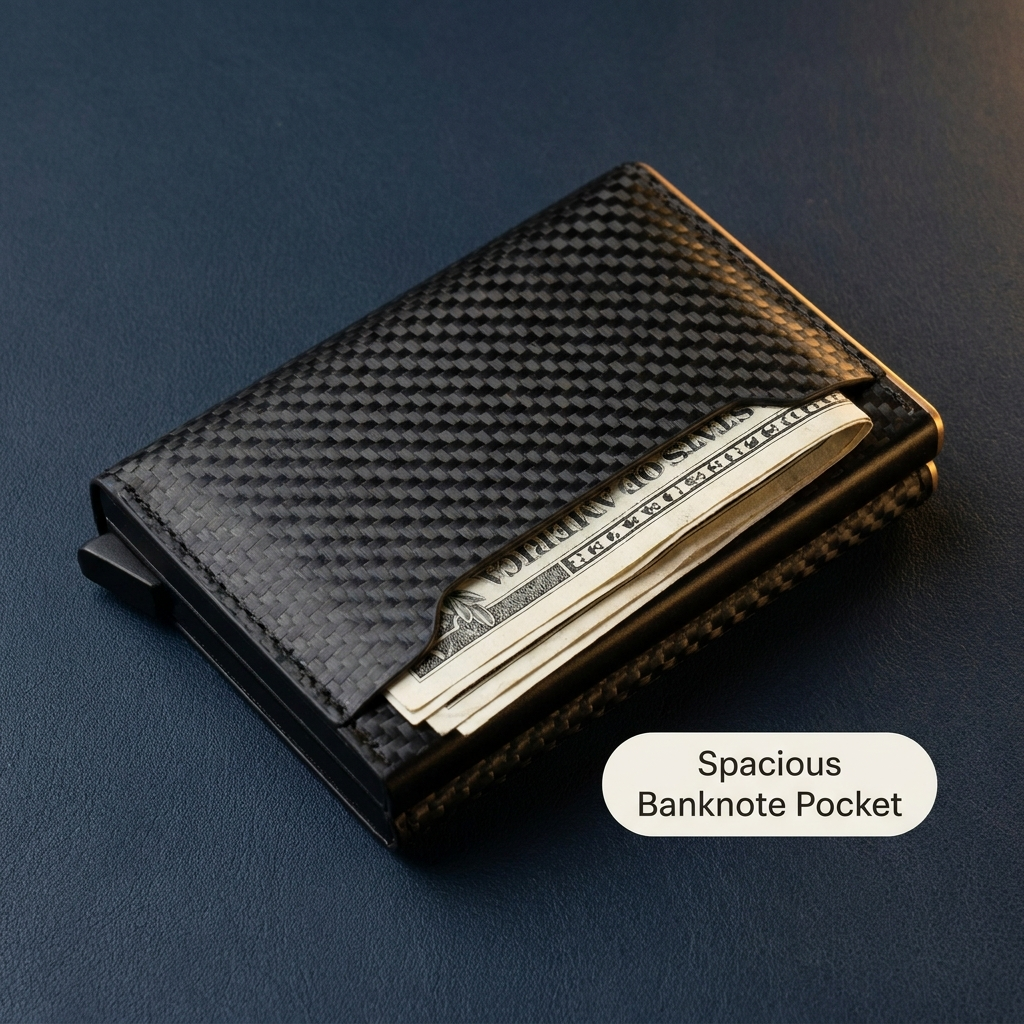 A black carbon-fiber-textured slim wallet with gold-toned edges, shown open with a few banknotes in the pocket on a dark blue background. A white label reads 'Spacious Banknote Pocket'.