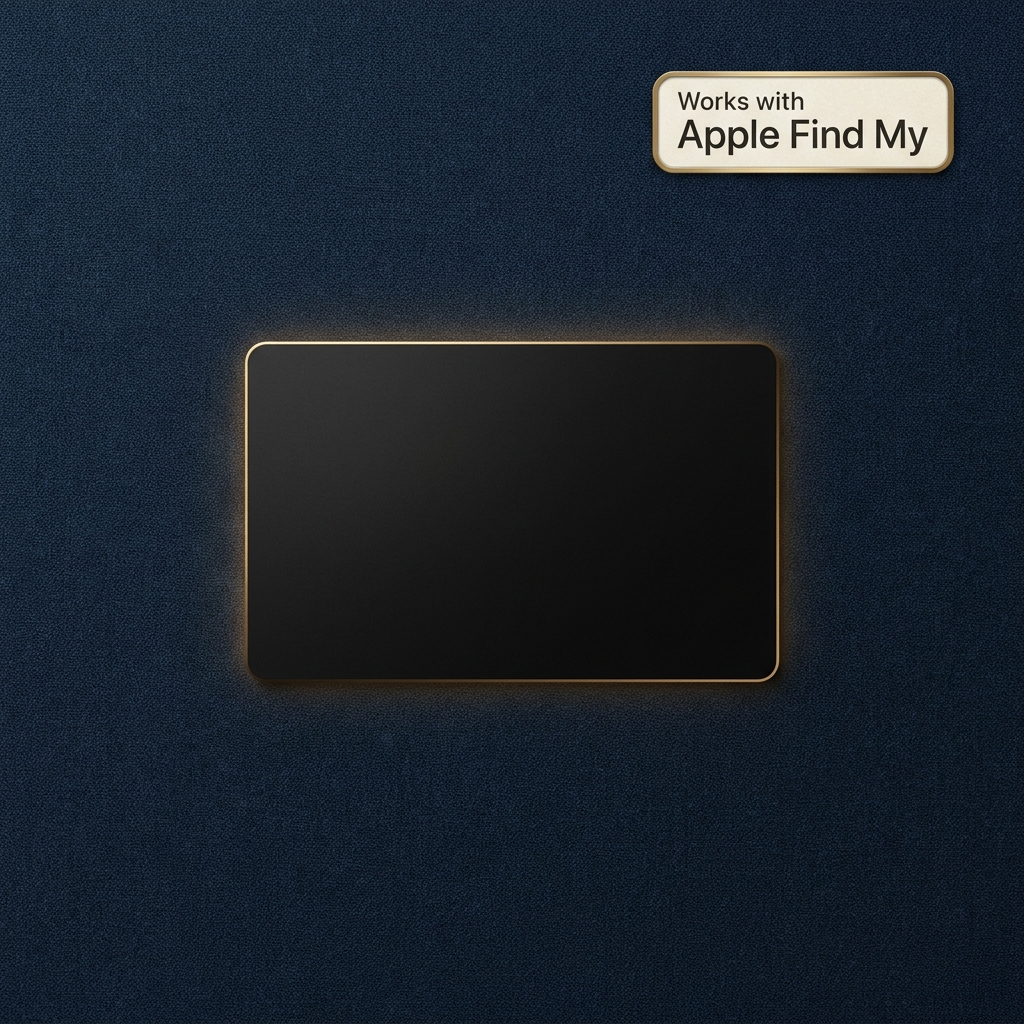 A black rectangular tablet or monitor with a thin gold border, centered on a dark navy textured background. A small badge in the top right reads 'Works with Apple Find My'.