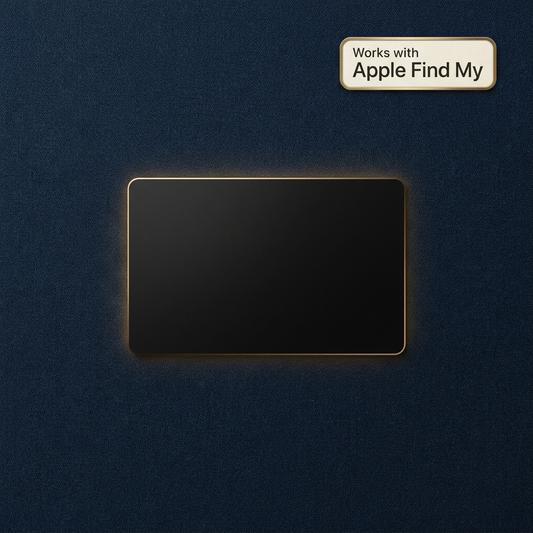 A black rectangular tablet or monitor with a thin gold border, centered on a dark navy textured background. A small badge in the top right reads 'Works with Apple Find My'.