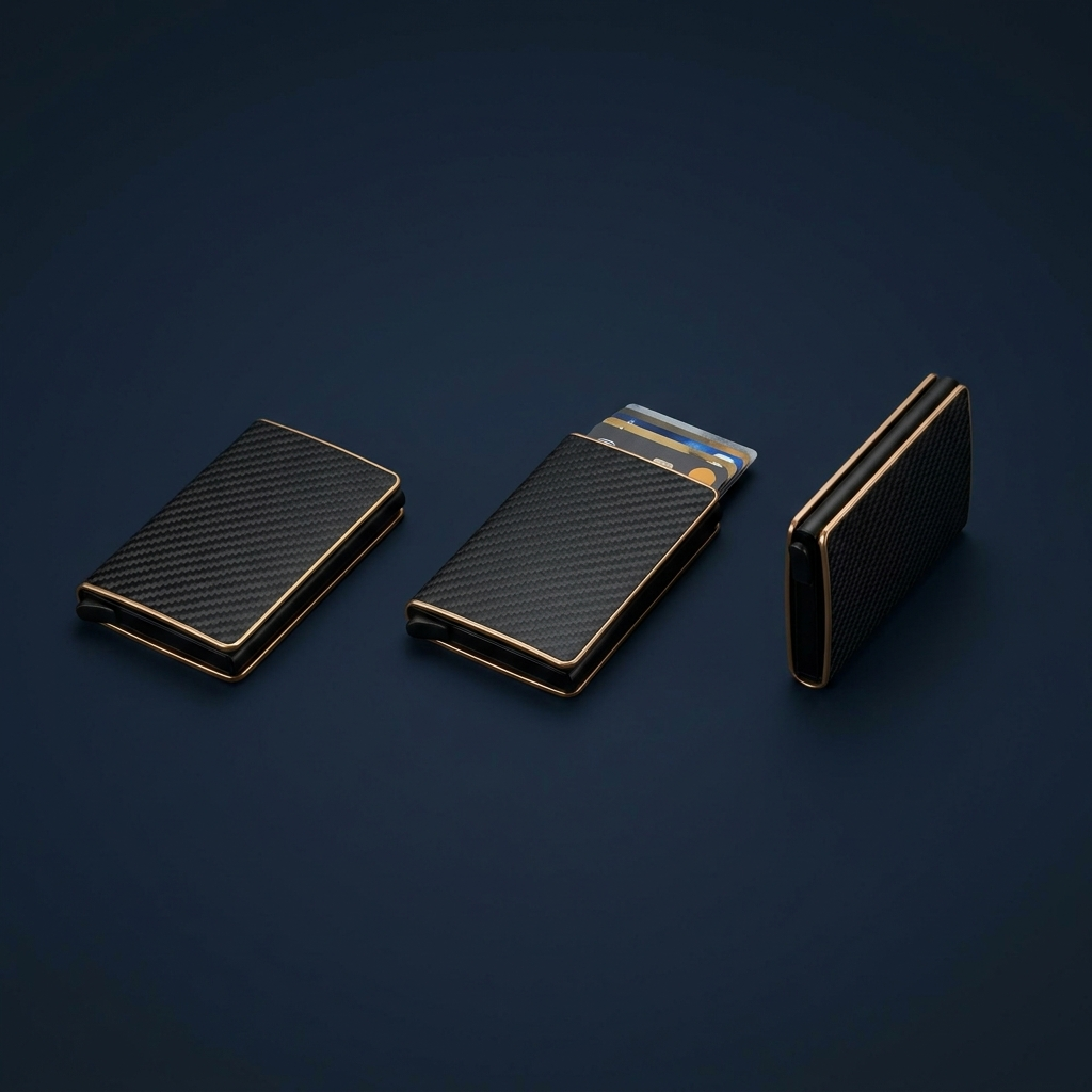 Three black carbon-fiber-textured card holders with gold trim, shown on a dark navy background. One holder is open with cards partially visible.