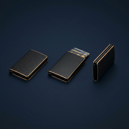 Three black carbon-fiber-textured card holders with gold trim, shown on a dark navy background. One holder is open with cards partially visible.