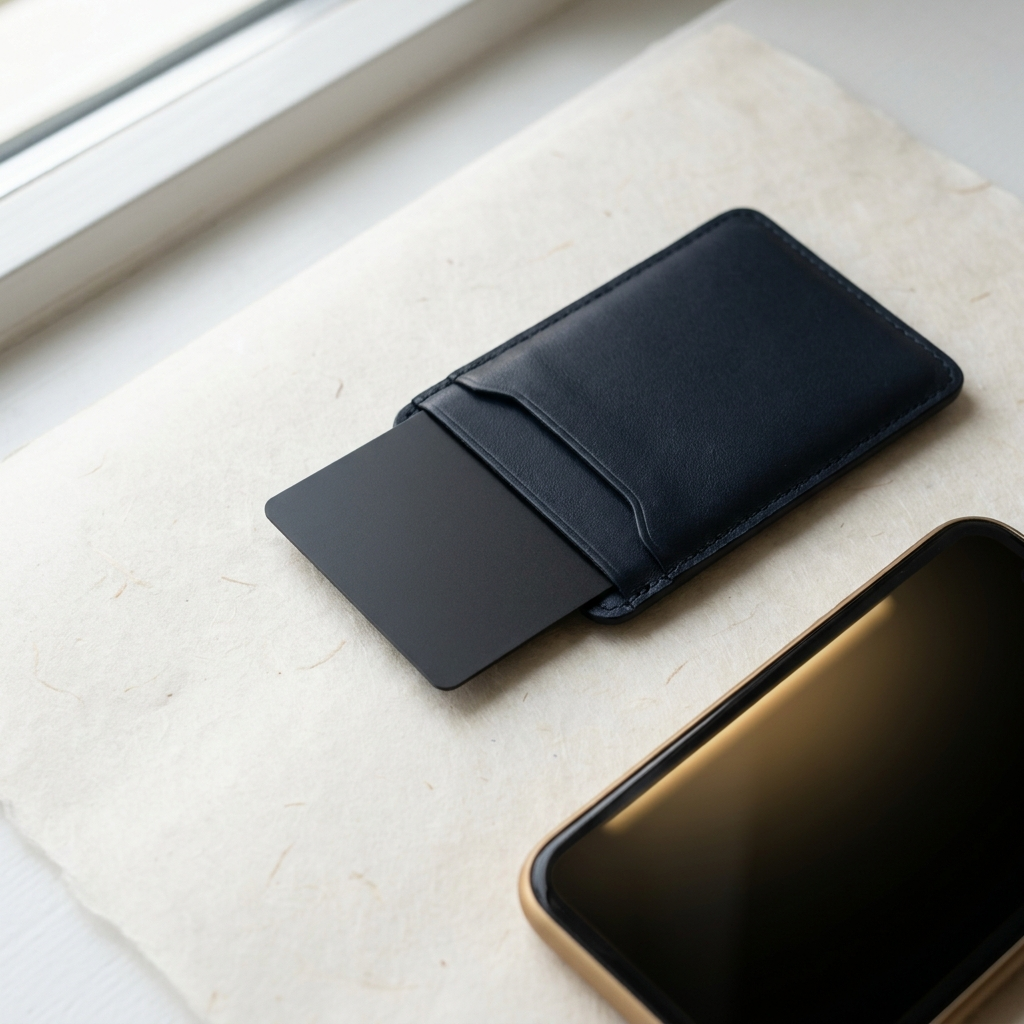 A slim black leather card holder case holding a black card, styled on a textured beige paper surface next to a smartphone near a window.