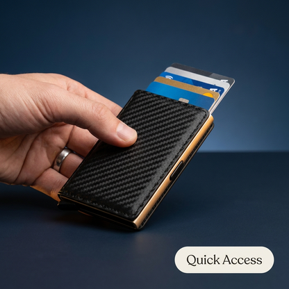 A hand holds a slim black carbon-fiber-textured card holder wallet with gold-toned edges and several cards partially inserted, against a dark blue gradient background. A white label at the bottom right reads 'Quick Access'.