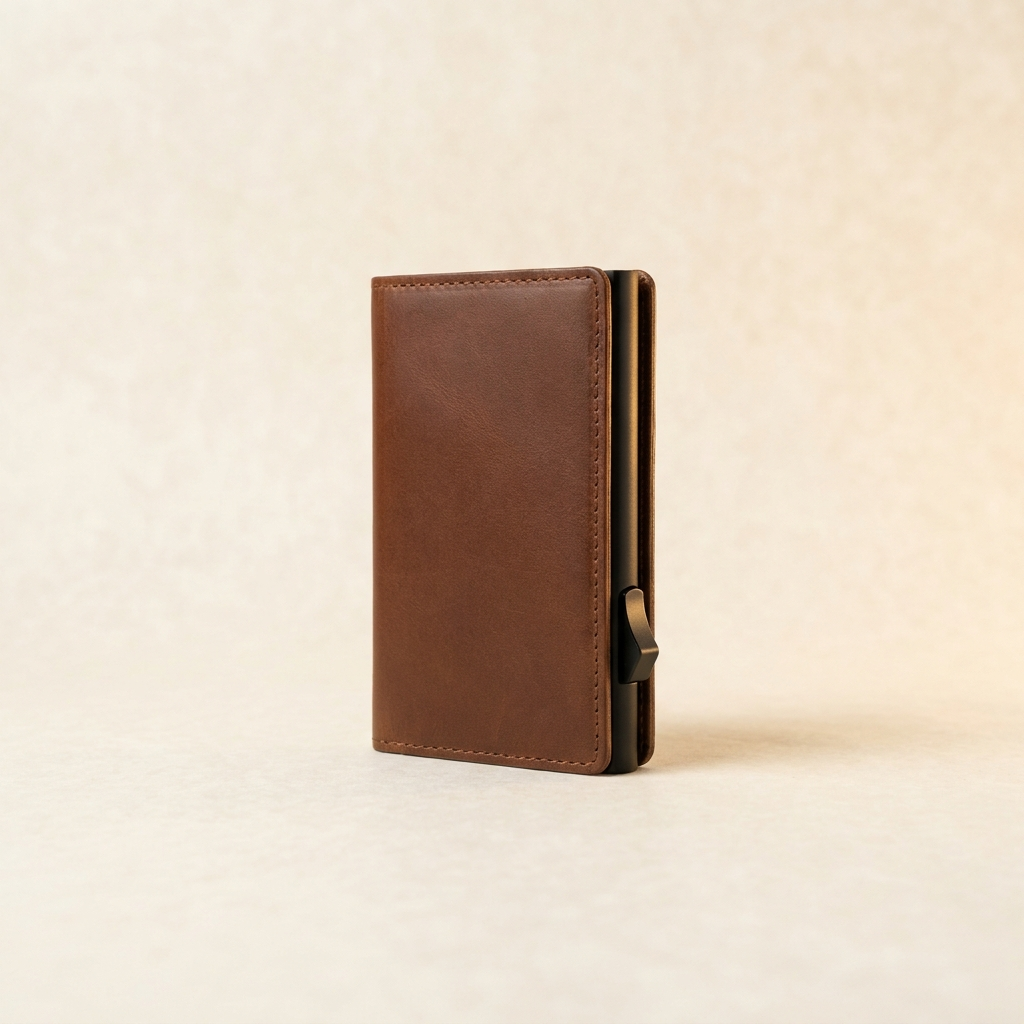 A brown leather card holder wallet standing upright on a light beige textured background.
