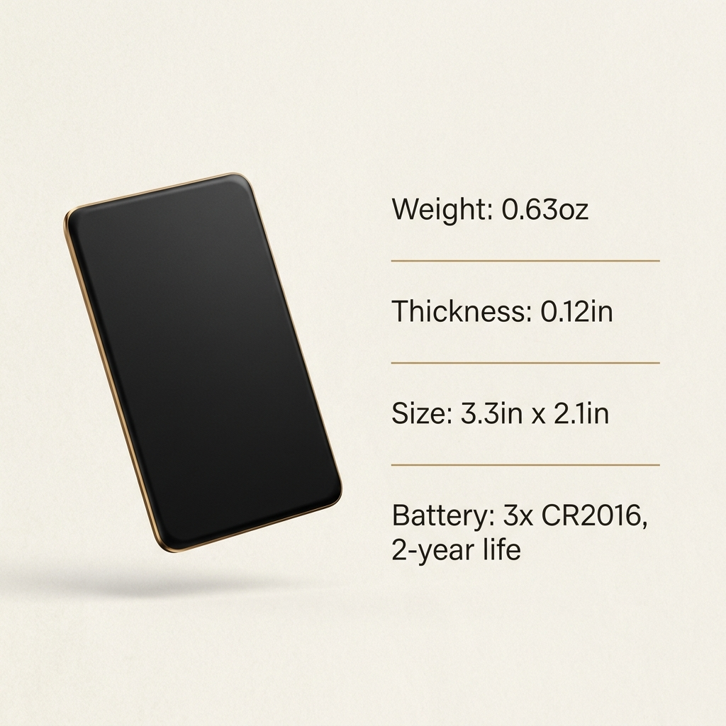 A black smartphone floating on a light beige background with text listing its weight, thickness, size, and battery details.