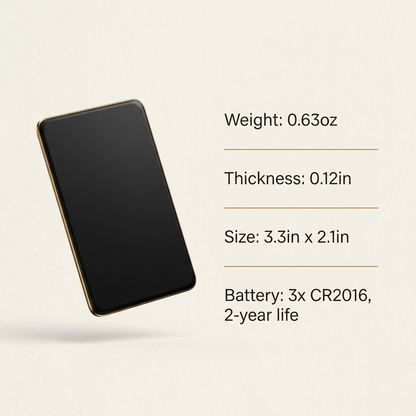 A black smartphone floating on a light beige background with text listing its weight, thickness, size, and battery details.