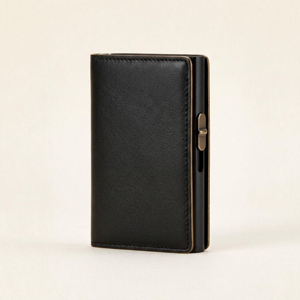 A black leather card holder wallet with a gold-toned clasp, shown standing upright on a light beige background.