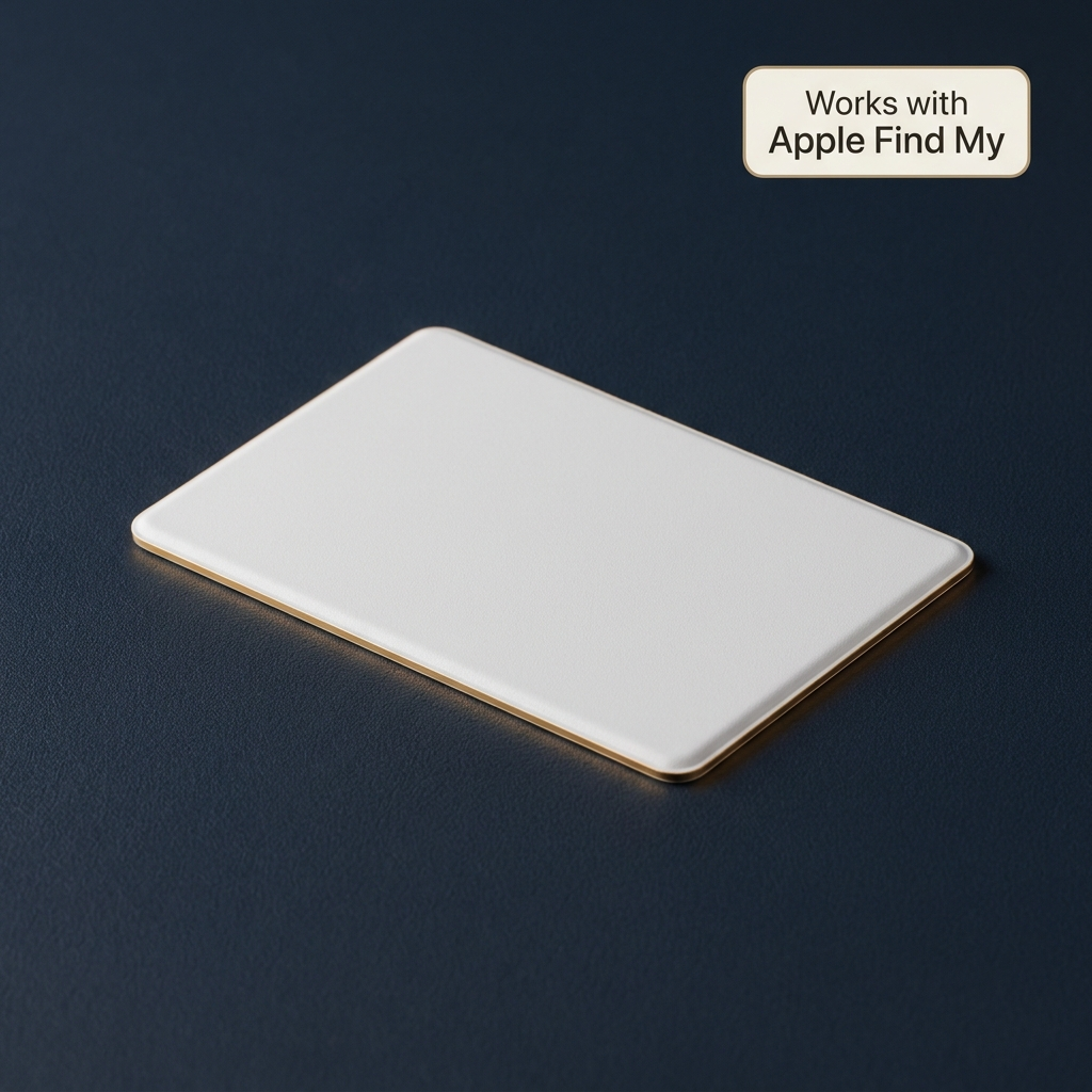 A blank white rectangular tablet or device with rounded corners, shown at an angle on a dark navy textured background. A small label in the top right reads 'Works with Apple Find My'.