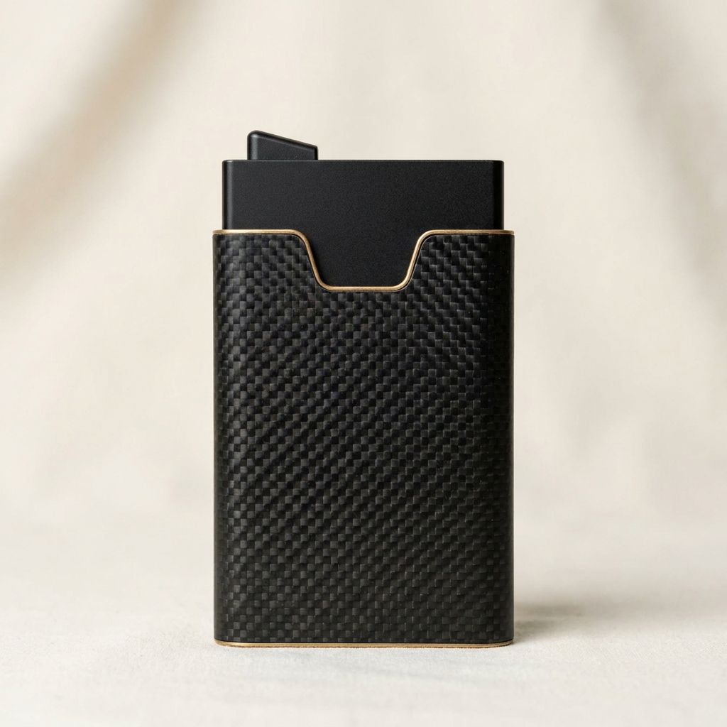 A slim black card holder or wallet with a carbon fiber textured exterior and a matte black interior, standing upright on a light beige surface.